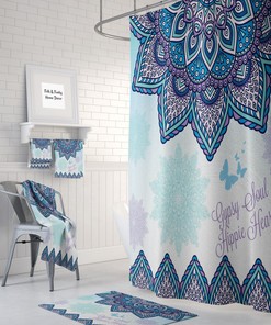 Pastel Watercolor Blue Mandala Shower Curtain, Bohemian Decor