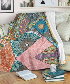 Patchwork Mandala Bohemian Pattern Sherpa Fleece Blanket Gifts for Family, for Couple
