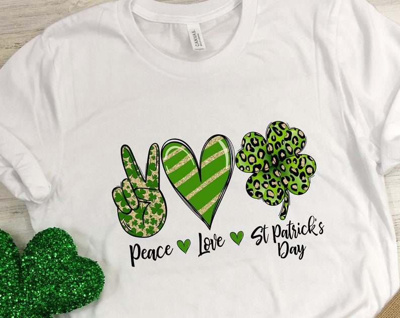 Peace Love St Patrick Day Shirt, St. Patricks Day Shirt, Shamrock Lucky, Four Leaf Clover, Shamrock, Irish Shirt - Image 2