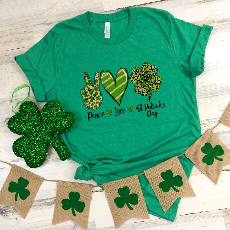 Peace Love St Patrick Day Shirt, St. Patricks Day Shirt, Shamrock Lucky, Four Leaf Clover, Shamrock, Irish Shirt - Image 3