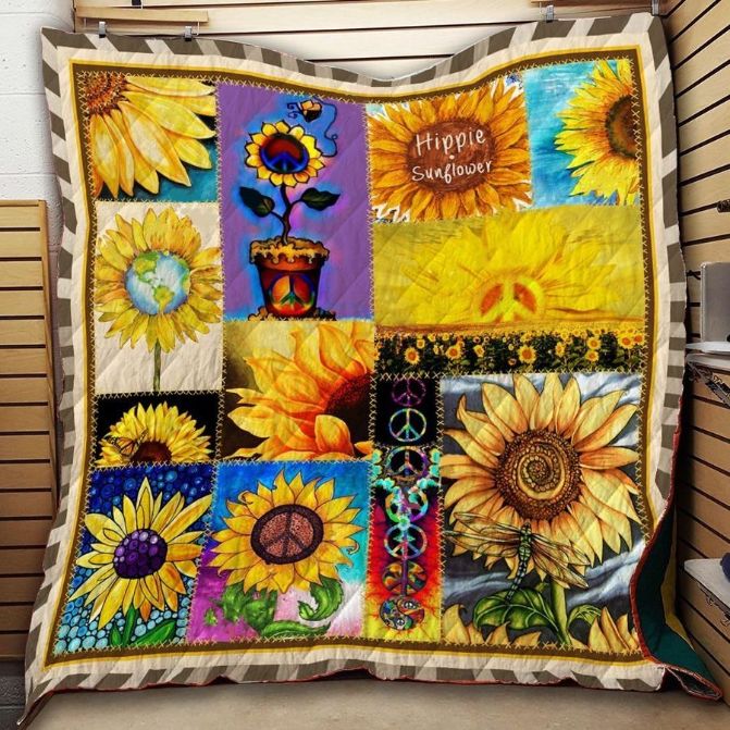 Peace Sign Hippie Sunflower Quilt Blanket Bedding Set