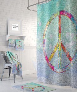 Peace Sign Shower Curtain Optional Bath Mat Bathroom Set Boho Hippie Chic