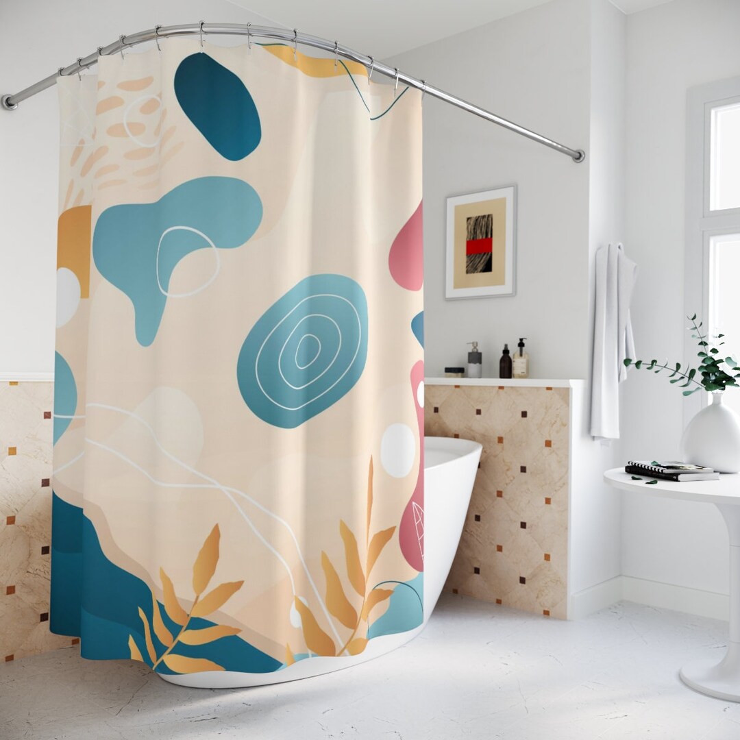 Peaceful And Neutral Warm Earth Colors Personalized Shower Curtain With Abstract Art And Watercolor Leaves Design