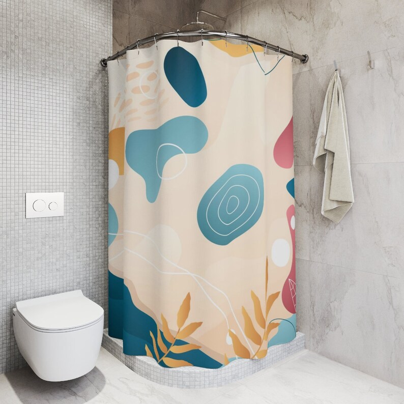 Peaceful And Neutral Warm Earth Colors Personalized Shower Curtain With Abstract Art And Watercolor Leaves Design - Image 2