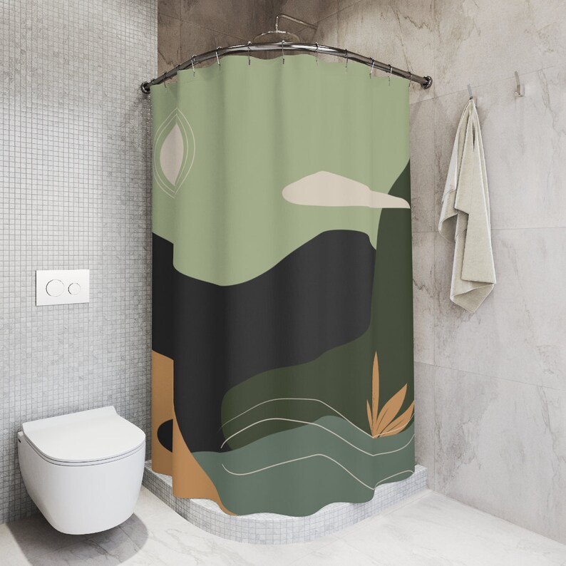 Peaceful Meditation Yoga Warm Natural Colors Shower Curtain, Minimalistic Contemporary Abstract Art For Apartment Bathroom - Image 2