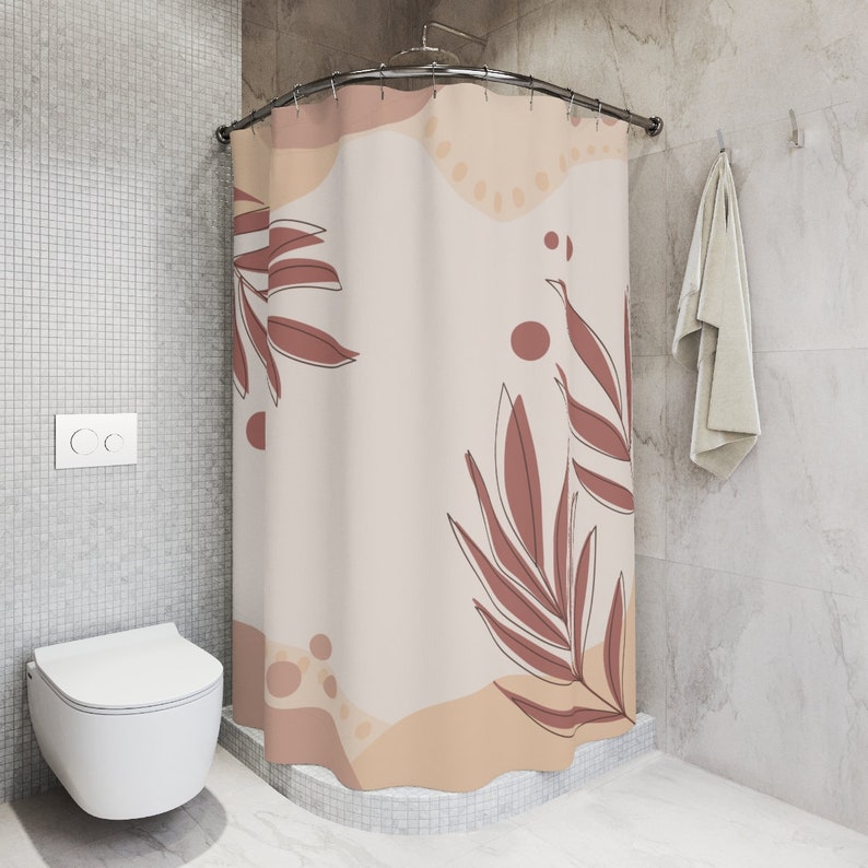 Peaceful Neutral Warm Earth Leaf Colors Lakehouse Leaves Tropical Mid Century Modern Shower Curtain - Image 2
