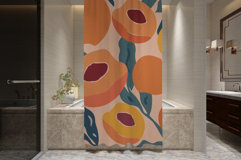 Peaches Shower Curtain Boho Abstract Fruits Eco-Friendly Waterproof Colorful Shower Curtain Tropical Design - Image 3