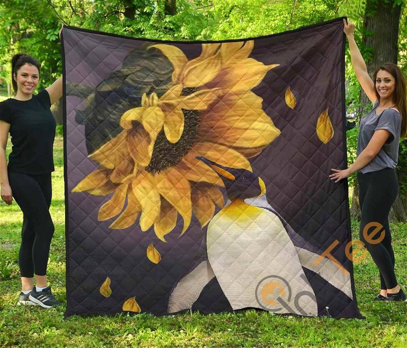 Penguin And Sunflower-Themed Quilt Blanket Bedding Set with Customizable Name or Sentence