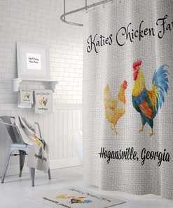 Personalized Chicken Farm Shower Curtain Farmhouse Chic Faux Burlap Optional Bath Mat
