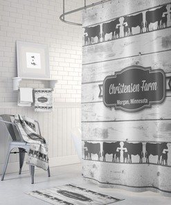 Personalized Cow Shower Curtain Farmhouse Chic Faux Barnwood Optional Bath Mat Set