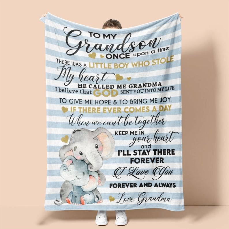 Personalized For Grandson From Grandma Elephant Sherpa Fleece Blanket Gifts for Family, for Couple