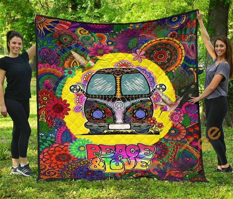 Personalized Hummingbird Peace And Love Quilt Blanket Bedding Set with 2 Pillowcases