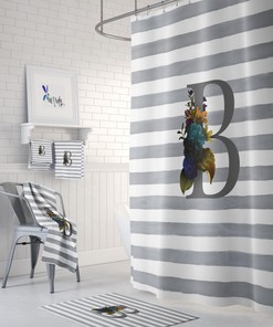 Personalized Monogram Shower Curtain Gray Striped Floral