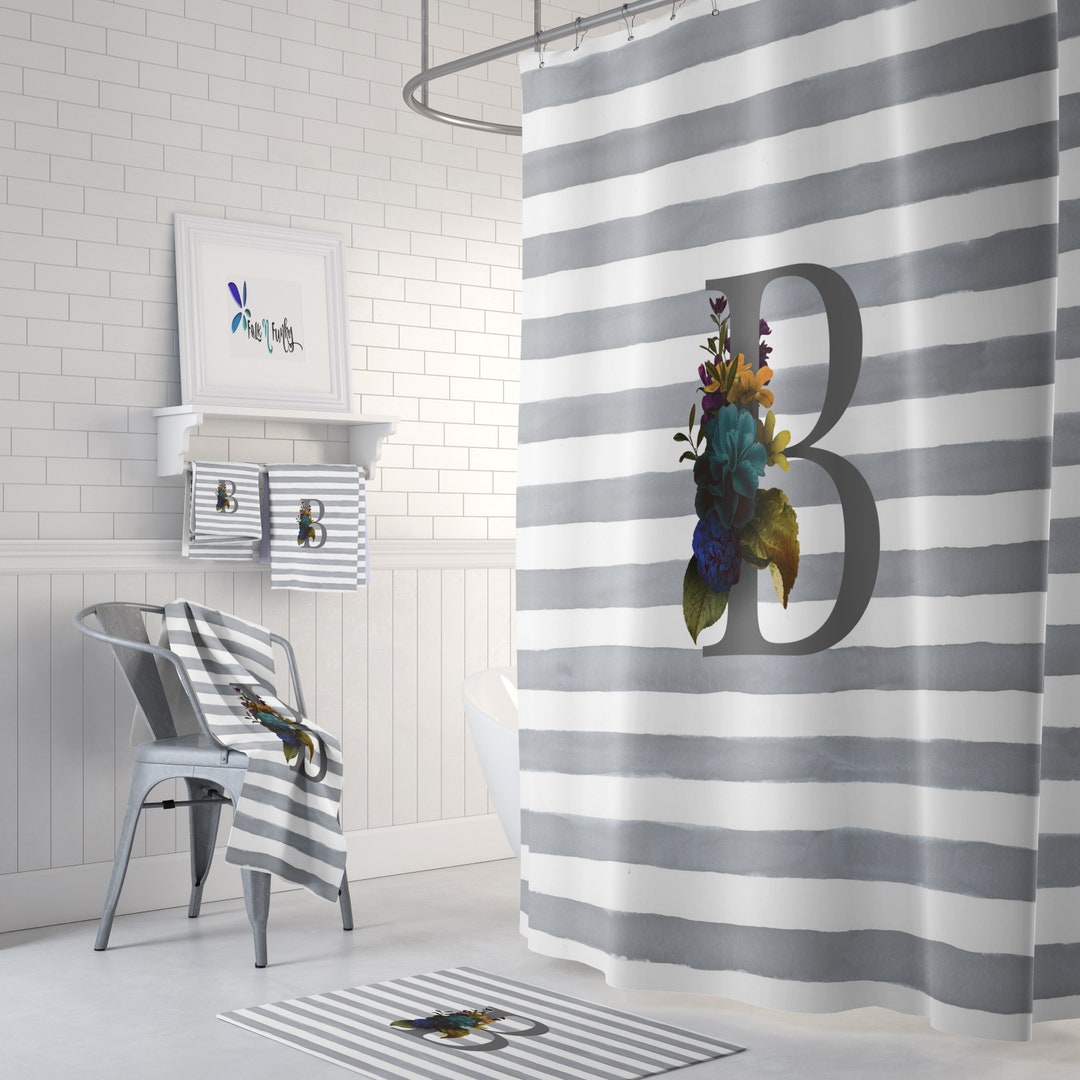 Personalized Monogram Shower Curtain Gray Striped Floral