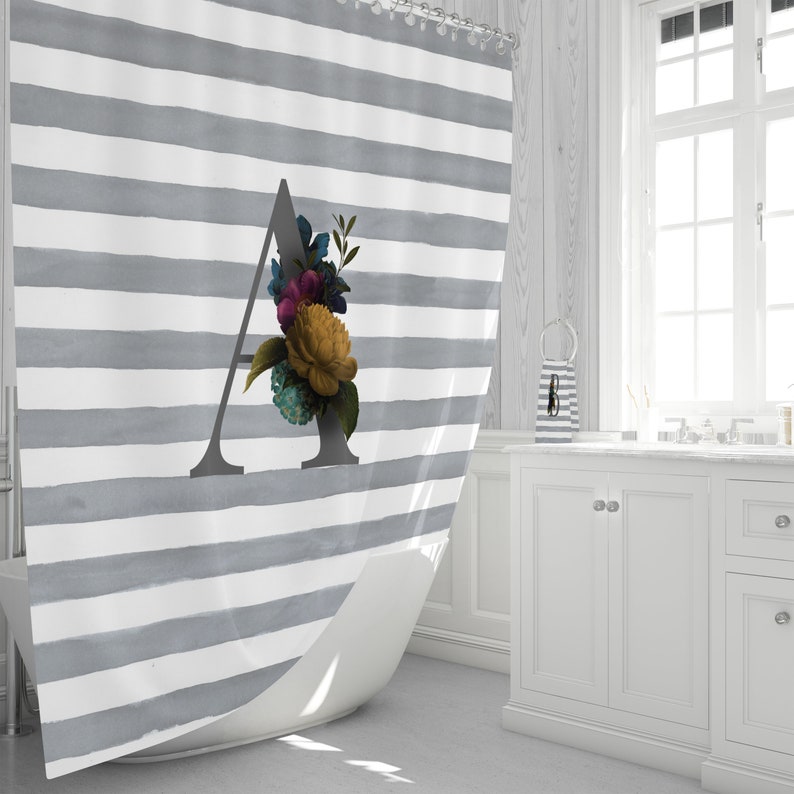 Personalized Monogram Shower Curtain Gray Striped Floral - Image 2