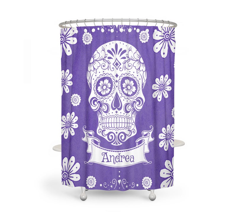 Personalized Purple Sugar Skull Shower Curtain - Image 2