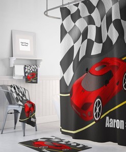Personalized Race Car Shower Curtain for Bathroom Decor, Home Decor
