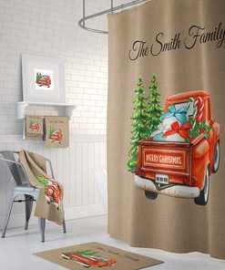 Personalized Red Truck Christmas Shower Curtain Optional Bath Decor