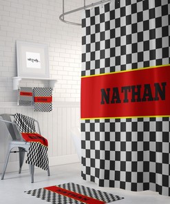 Personalized Shower Curtain, Racing Checks, Race Car Bathroom Decor