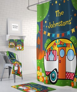Personalized Shower Curtain Retro Glam Camping Camper Optional Bath Mat Bath Towels