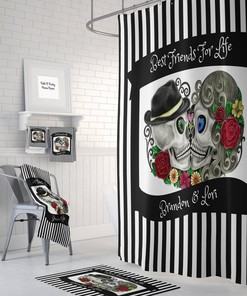 Personalized Sugar Skull Shower Curtain, Kissing Skulls, Day Of The Dead Bathroom Decor