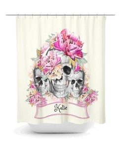 Personalized Sugar Skull Shower Curtain, Pink Floral, Optional Bath Mat Bathroom Set