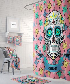 Personalized Sugar Skull Shower Curtain, Pink Skull Bathroom Decor