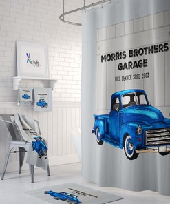 Personalized Vintage Blue Truck Shower Curtain, Garage Mechanic Theme