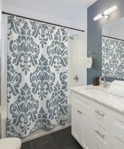 Personalized Vintage Damask Print Shower Curtain, Fancy Shower Curtain, Blue Home Decor, Abstract Baroque Shower Curtain