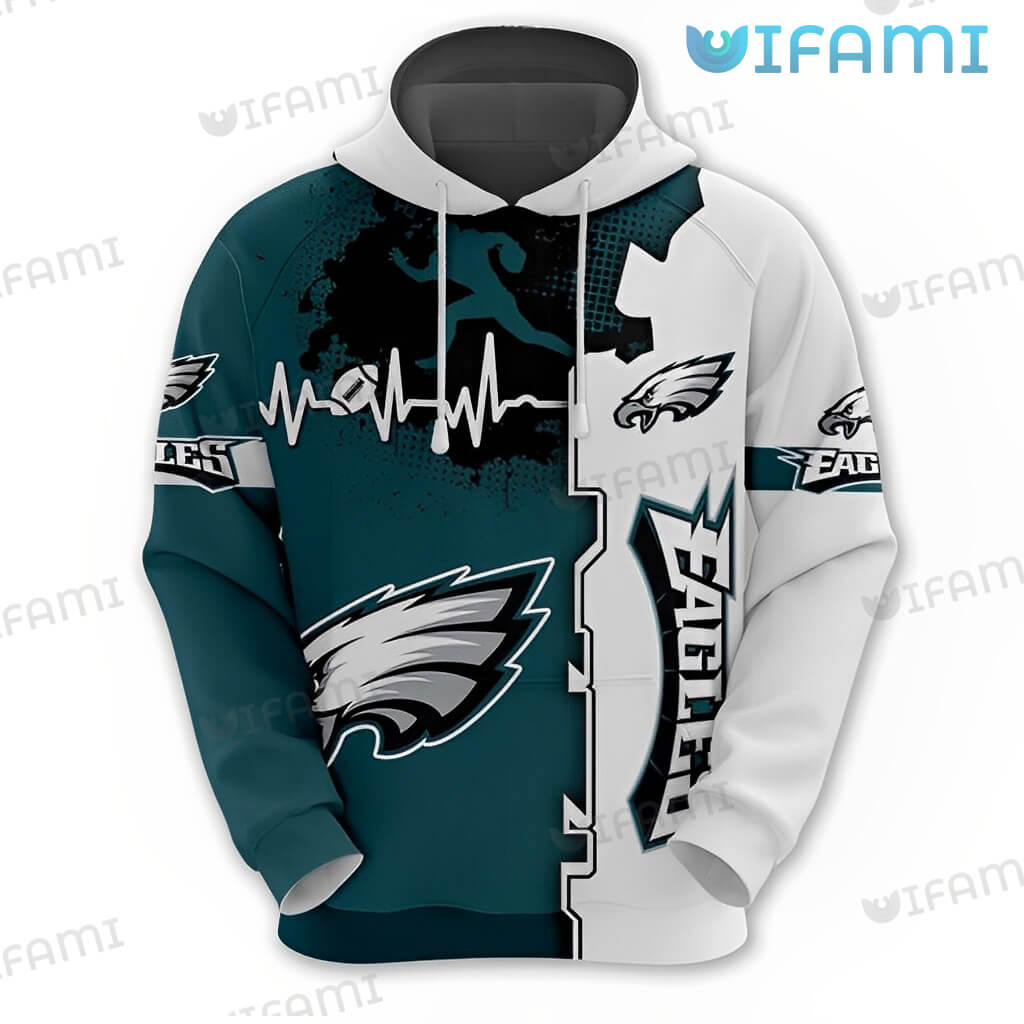 Philly Eagles Hoodie 3D Heartbeat Football White Green Philadelphia Eagles Gift