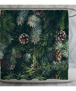 Pine Cones With Leaves Shower Curtain, Green And Brown Shower Curtains, Christmas Theme Shower Curtain