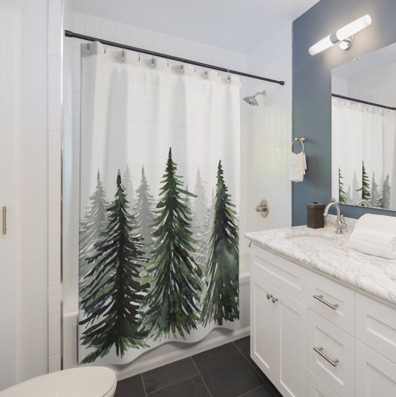 Pine Trees Shower Curtain Bathroom Decoration, Home Decor, Camping, Lake House Decoration Watercolor - Image 2