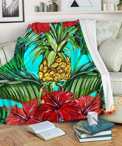 Pineapple Hibiscus Hawaii Pattern Sherpa Fleece Blanket Gifts for Family, for Couple
