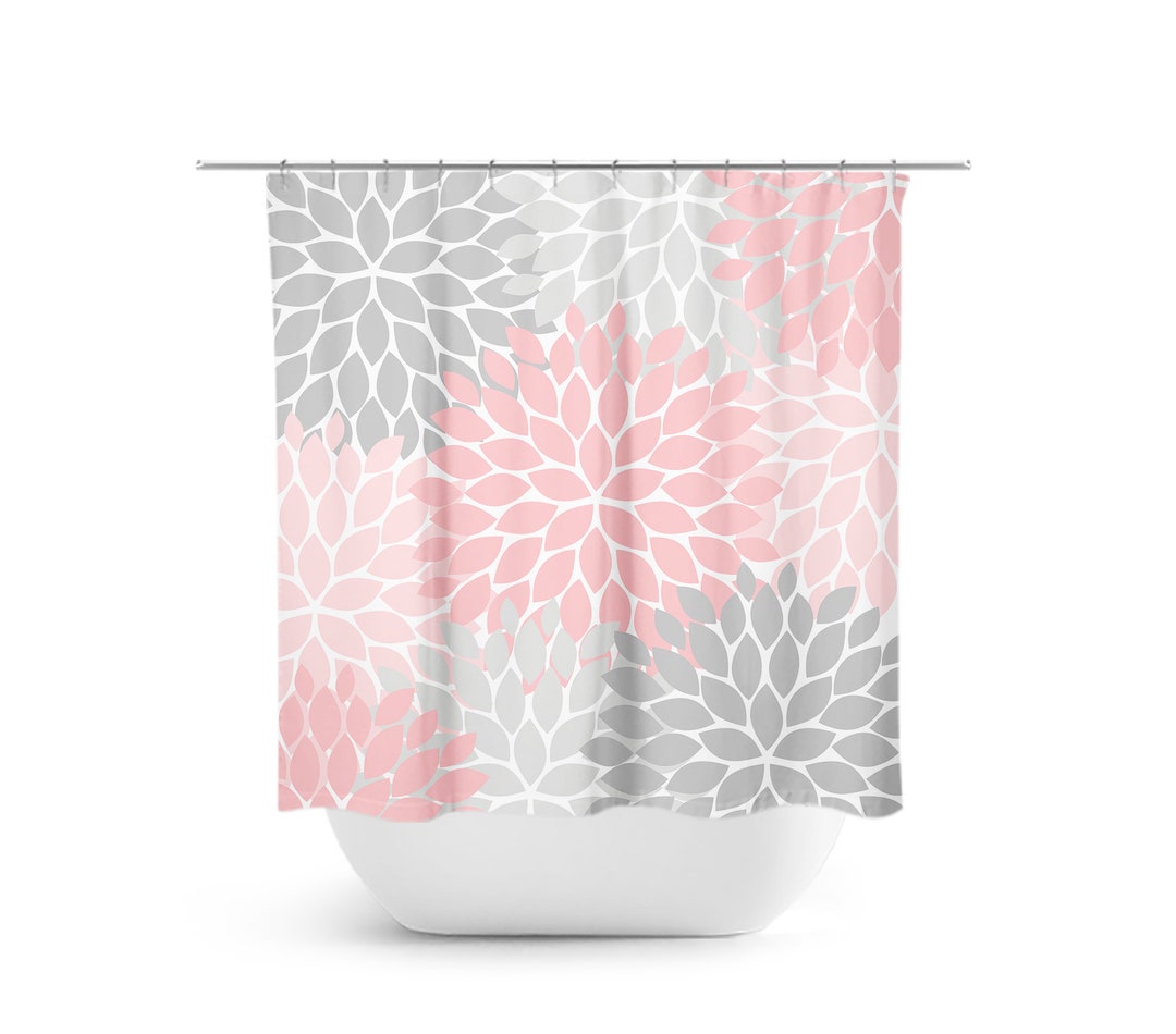 Pink And Gray Shower Curtain, Floral Shower Curtain, Pink Bathroom Decor, Shabby Chic Shower Curtain