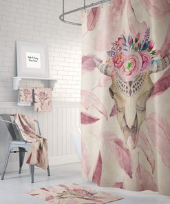 Pink Boho Shower Curtain, Bull Skull, Bathroom Decor