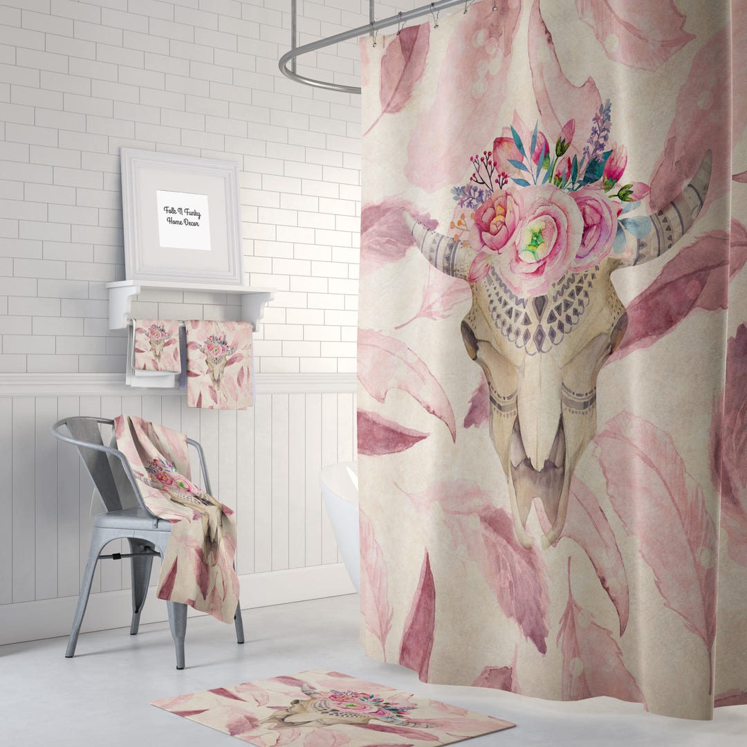 Pink Boho Shower Curtain, Bull Skull, Bathroom Decor