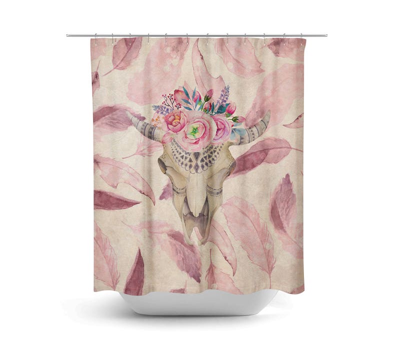 Pink Boho Shower Curtain, Bull Skull, Bathroom Decor - Image 2