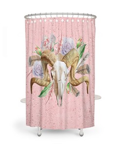 Pink Boho Shower Curtain Multiple Bathroom Decor Options Floral Ram Skull
