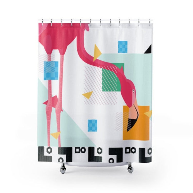 Pink Flamingo Retro Mid Century Modern Abstract Shower Curtain - Image 2