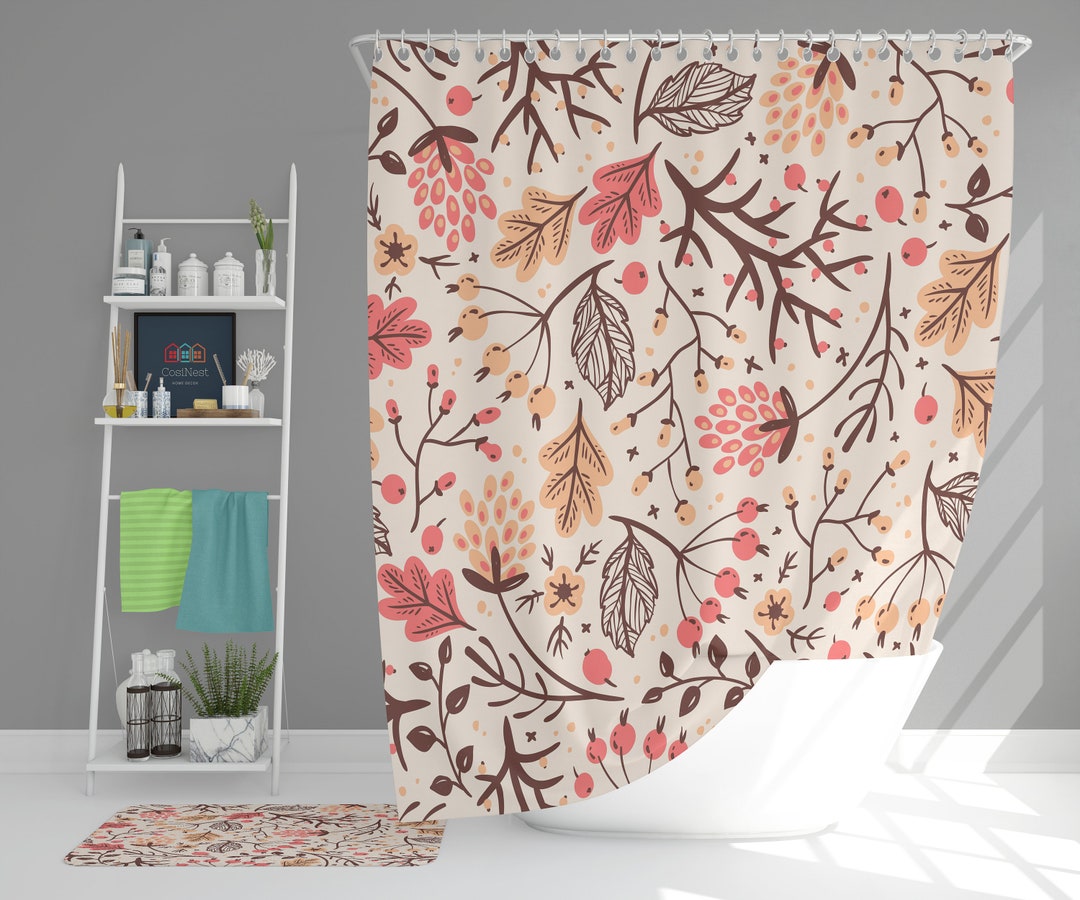 Pink Floral Shower Curtain, Botanical Tropical Flowers Boho Fabric Bathroom Curtain, Home Bathroom Set Decor, Housewarming Gift