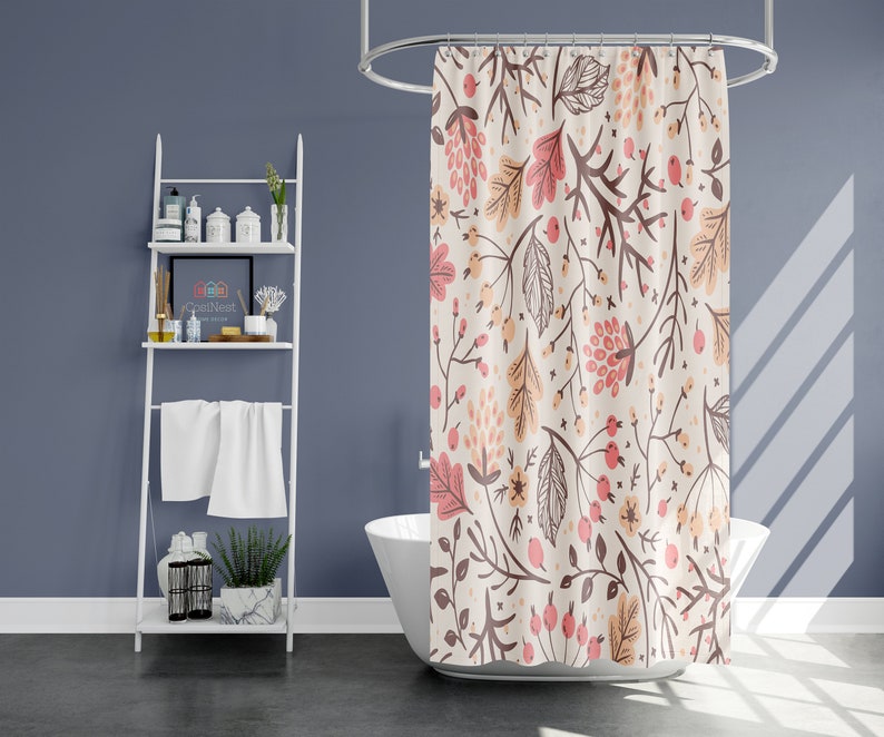 Pink Floral Shower Curtain, Botanical Tropical Flowers Boho Fabric Bathroom Curtain, Home Bathroom Set Decor, Housewarming Gift - Image 2
