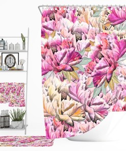 Pink Floral Shower Curtain, Optional Bath Mat and Towels