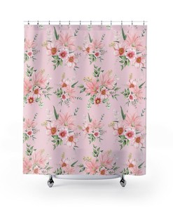 Pink Flowers Shower Curtain Botanical Bath Curtain, Bathroom Decor, Watercolor Flowers Bath Decor