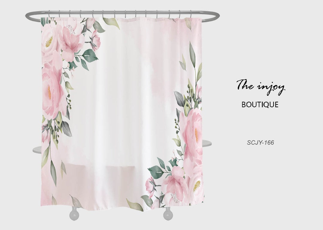 Pink Flowers Shower Curtain, Lovely Floral Bathroom Decor, Waterproof Washable Bath Curtain