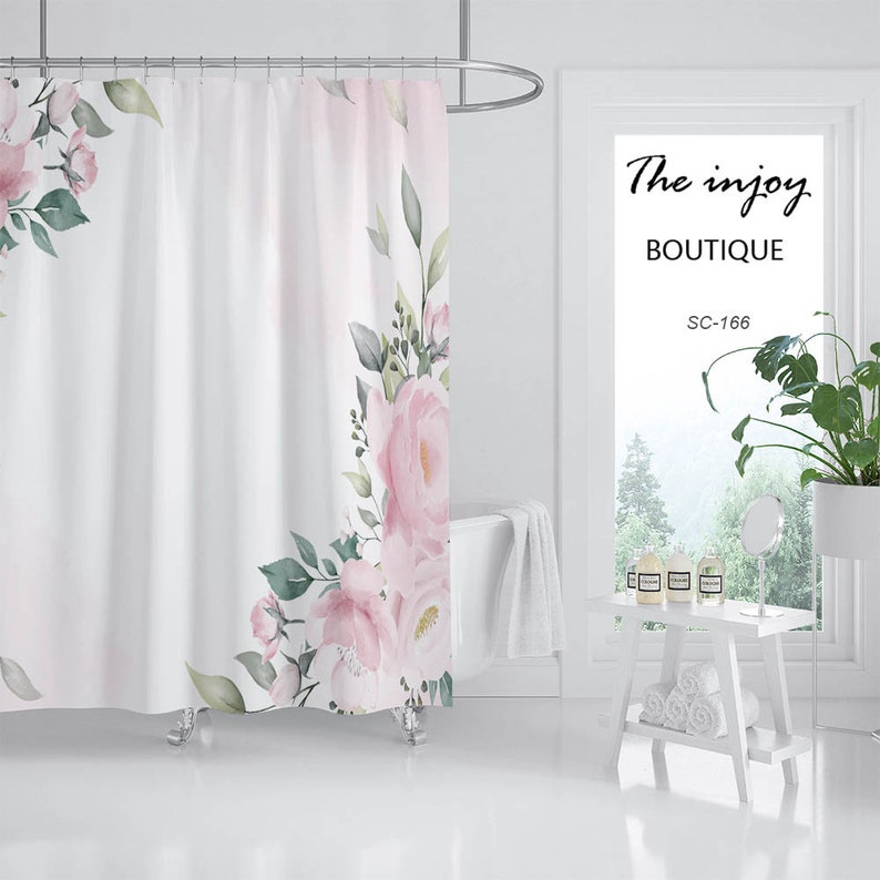Pink Flowers Shower Curtain, Lovely Floral Bathroom Decor, Waterproof Washable Bath Curtain - Image 2