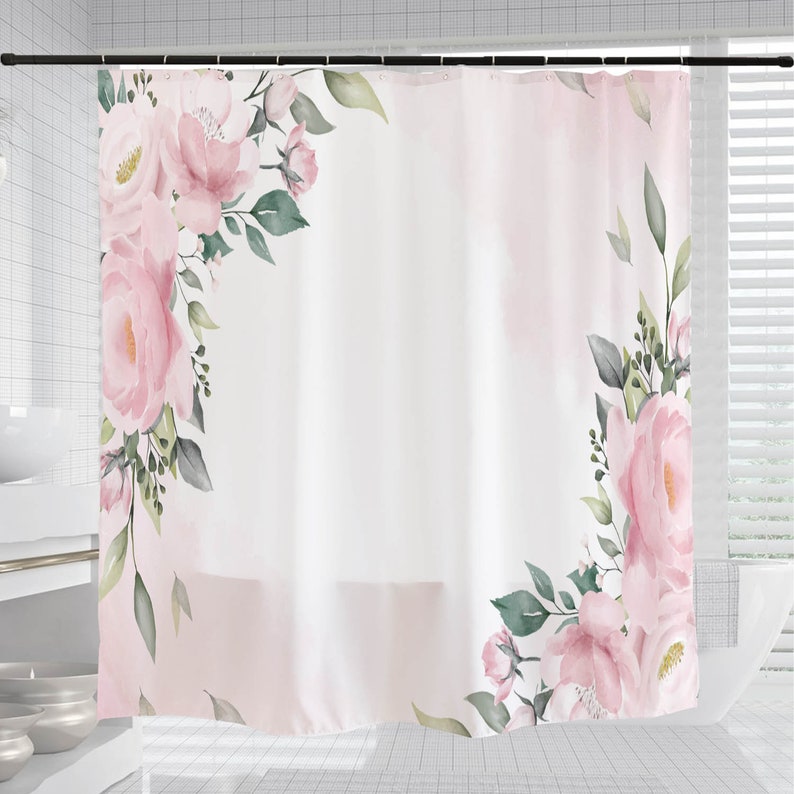 Pink Flowers Shower Curtain, Lovely Floral Bathroom Decor, Waterproof Washable Bath Curtain - Image 3