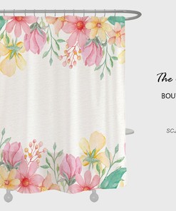 Pink Flowers Shower Curtain, Plant Floral Bathroom Decor, Minimalist Waterproof Washable Bath Curtain
