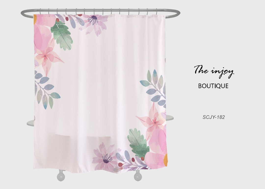 Pink Flowers Shower Curtain, Spring Leaf Plant Bathroom Decor, Waterproof Washable Bath Curtain