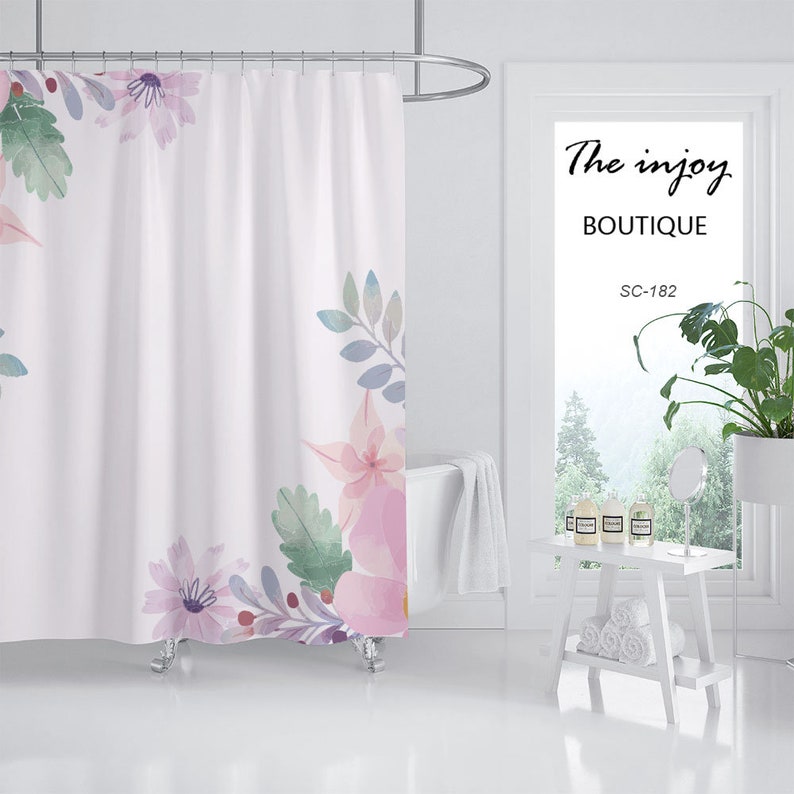 Pink Flowers Shower Curtain, Spring Leaf Plant Bathroom Decor, Waterproof Washable Bath Curtain - Image 2