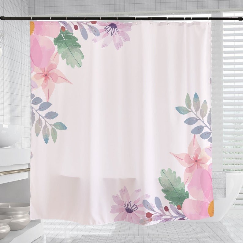 Pink Flowers Shower Curtain, Spring Leaf Plant Bathroom Decor, Waterproof Washable Bath Curtain - Image 3